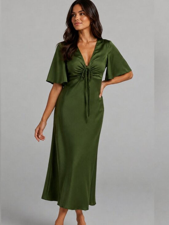 Showpo. Dresses & Skirts - Showpo Olive Green Ruched Front Midi Dress Women's Size 16